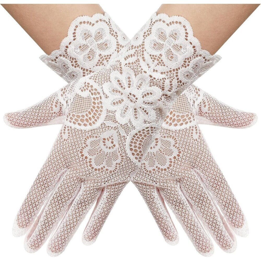 Women's Lvory 03 Floral Short Length Lace Tulle Mesh Wrist Wedding Party Gloves